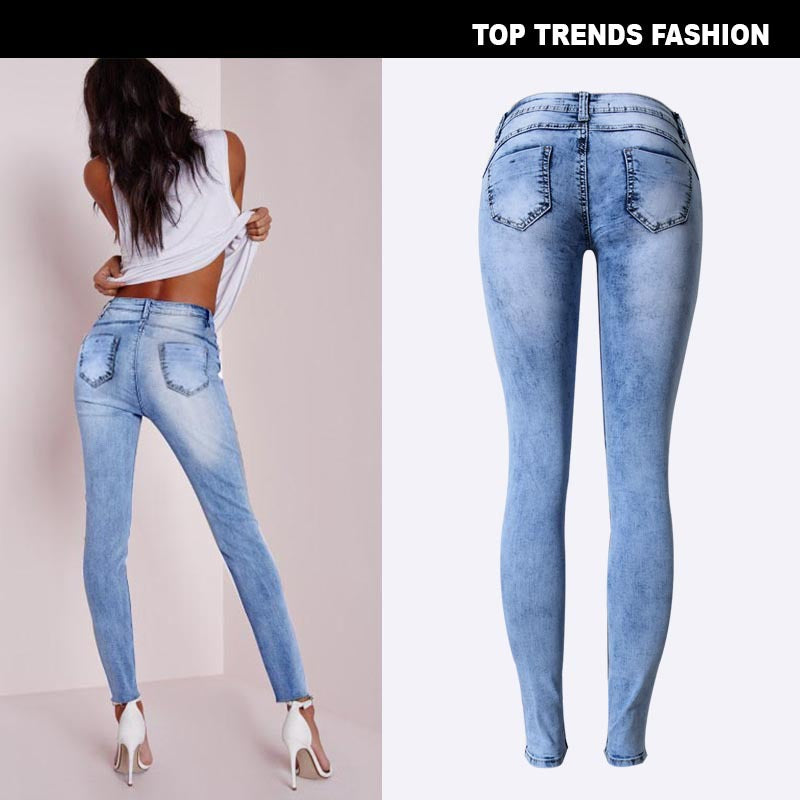 Beliebte Slim Pencil Pants Stretch Denim Ripped Pencil Pants sind dünne Trendmodelle mit Multi-Loch-Patch