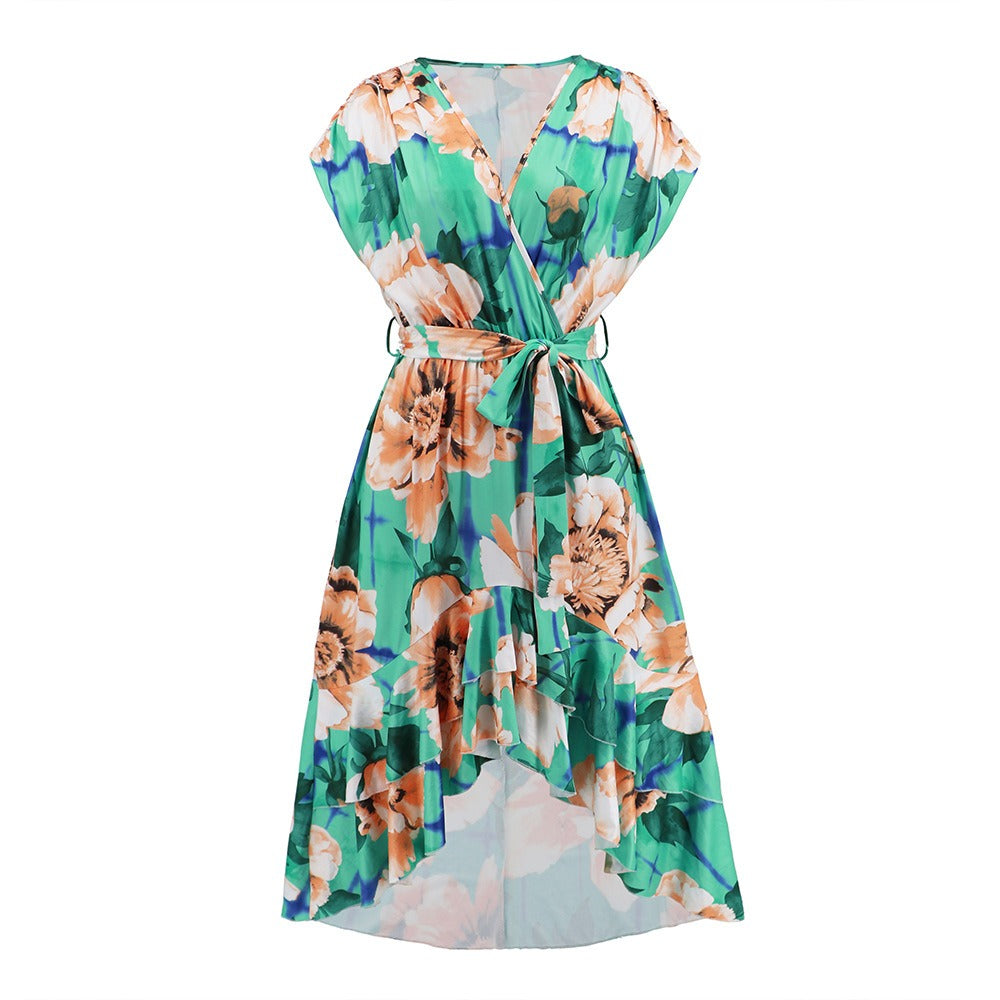 V-Neck Bat Sleeve Print Dress Summer New Women's Fishtail Dress Plus Size