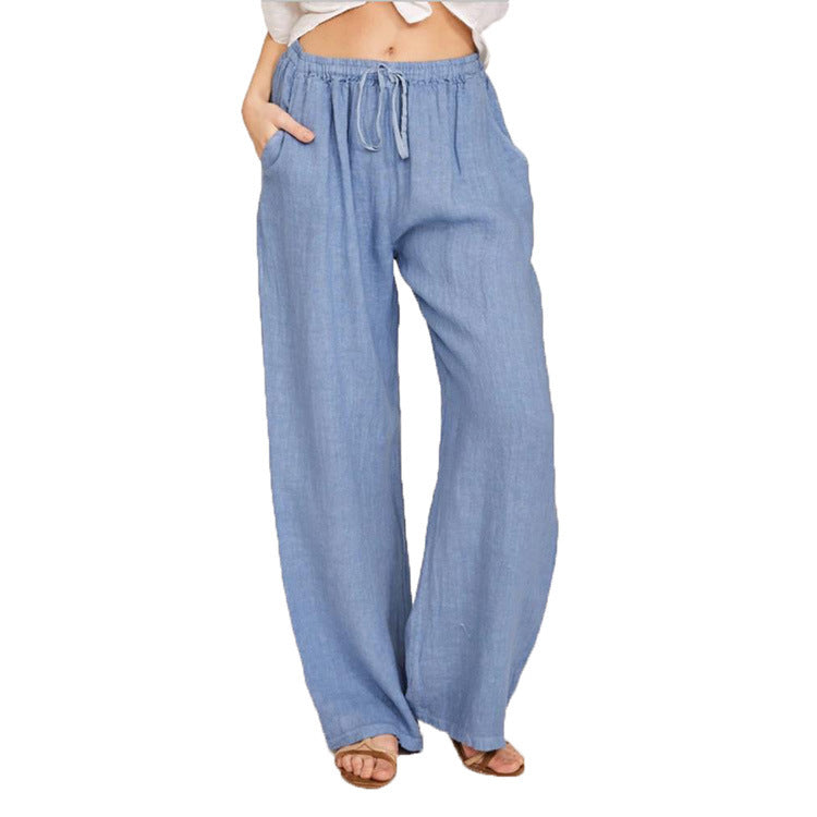 Soft Casual Drawstring Tie Trousers Elastic Waist Loose Jogger Pants With Pockets