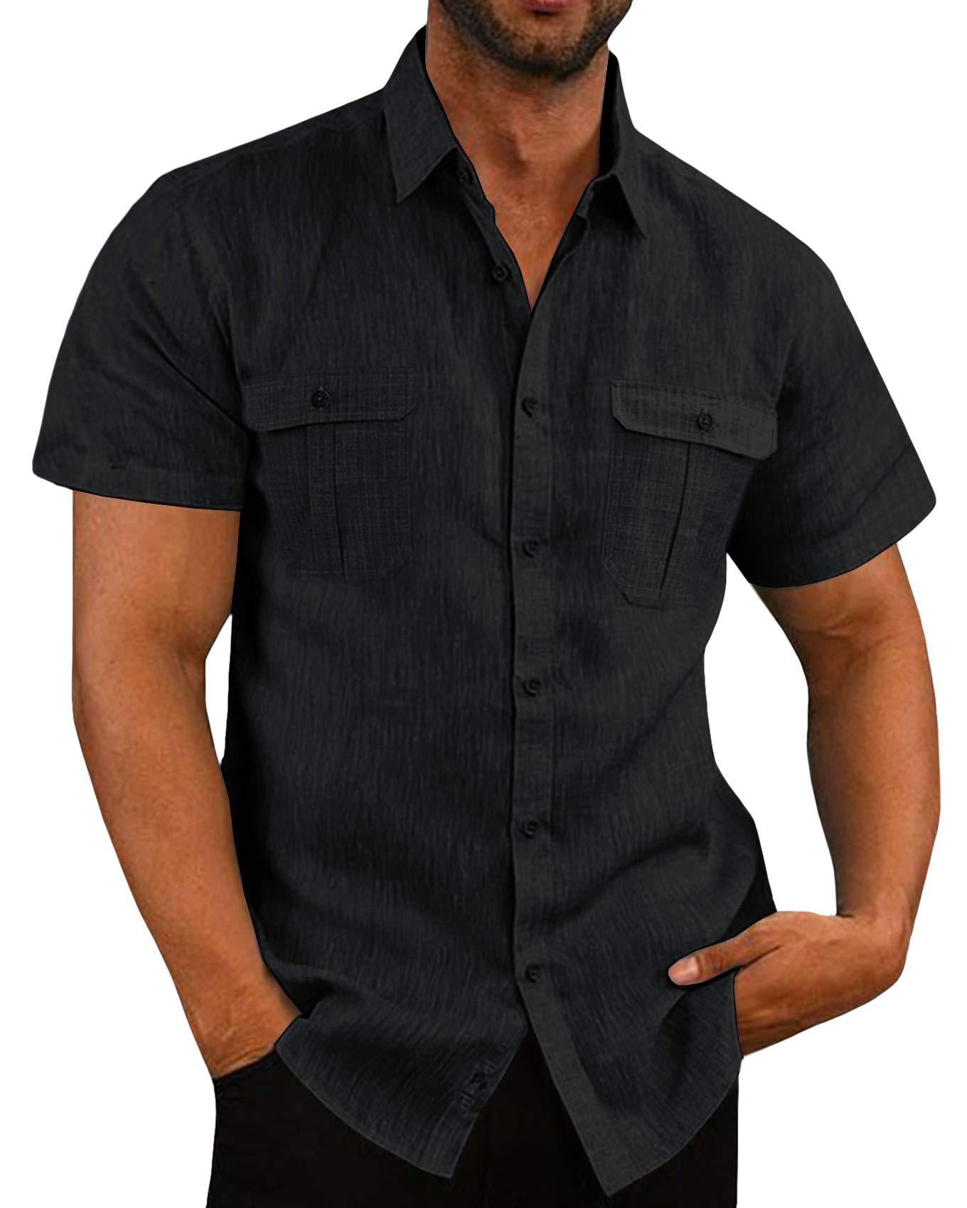 Men's Button Short Sleeve Shirt Summer Casual Double Pocket Wide Collar Beach Shirt Summer