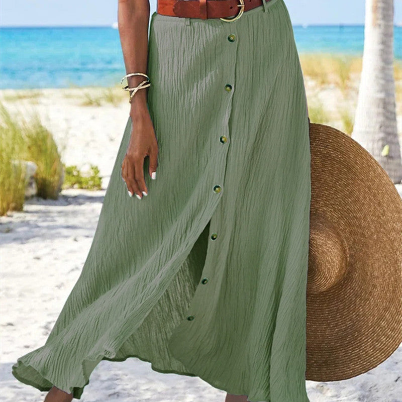 Women's Fashion Cotton Linen A-Line Hip Mid Waist Long Skirt