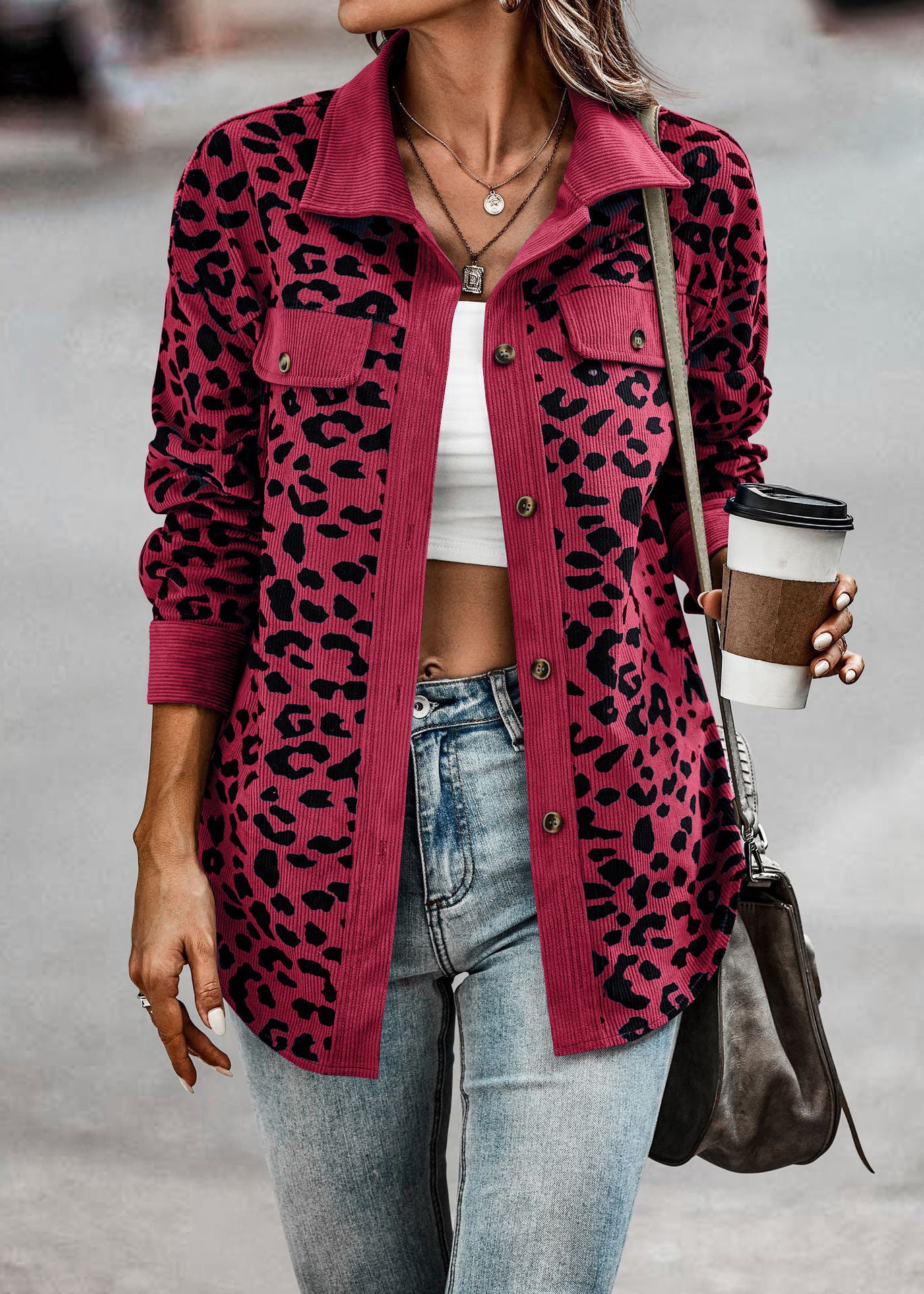 Leopard Print Shirt Coat Fashion Button Long Sleeve Jacket Women