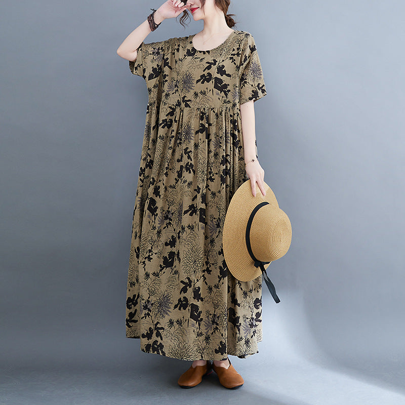 Artistic Large Size Loose Cotton And Linen Printed Short-sleeved Dress Women's Clothing