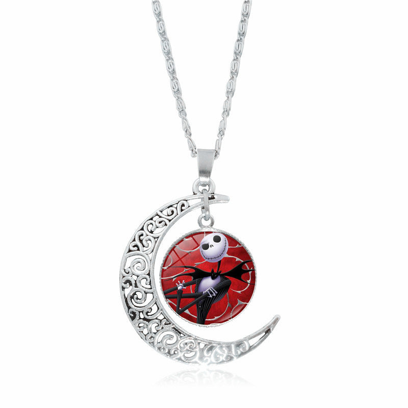 Christmas Night Time Gem Moon Pendant Necklace