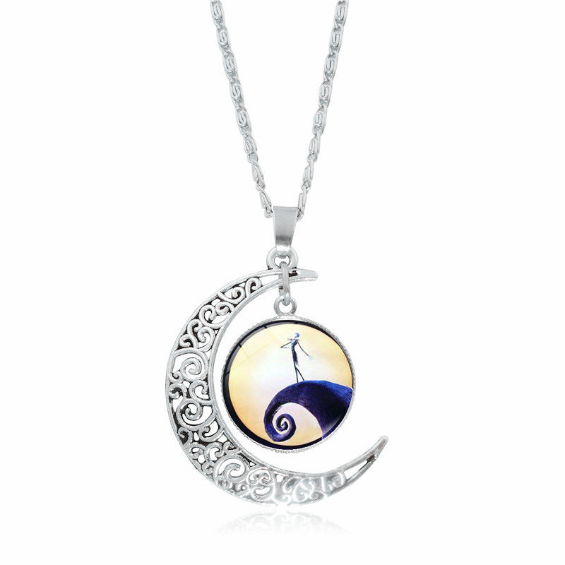 Christmas Night Time Gem Moon Pendant Necklace