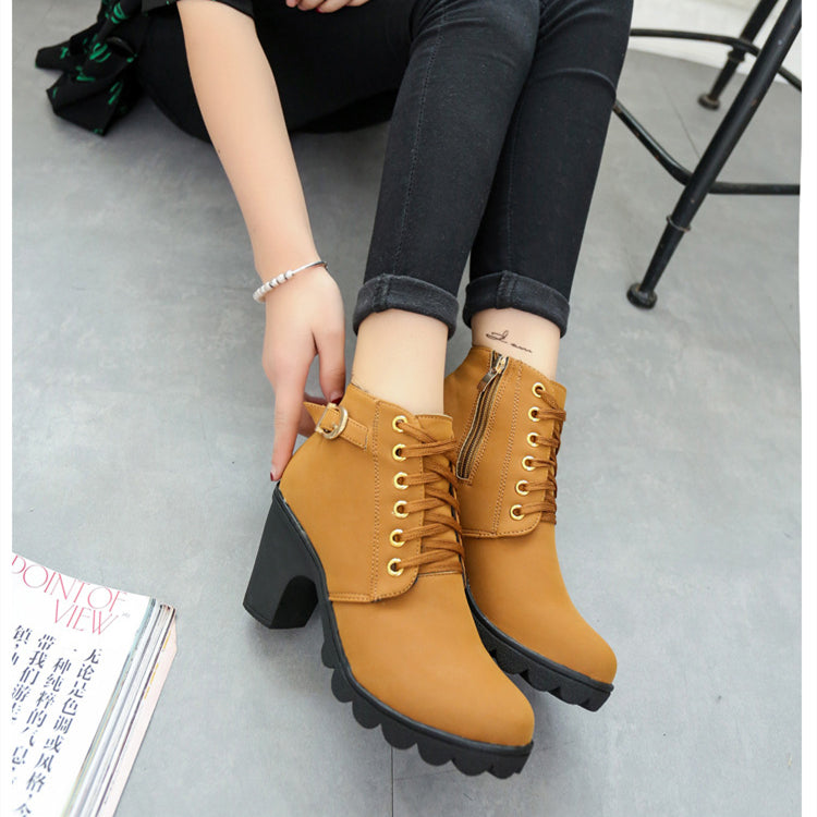 Chunky Block Heel Boots Buckle Ankle Boots Women Shoes