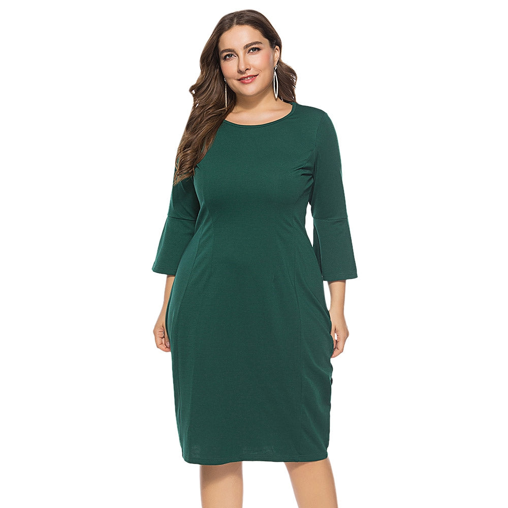 Round Collar 3/4 Bell Sleeve Bodycon Solid Color Plus Size Women Dress