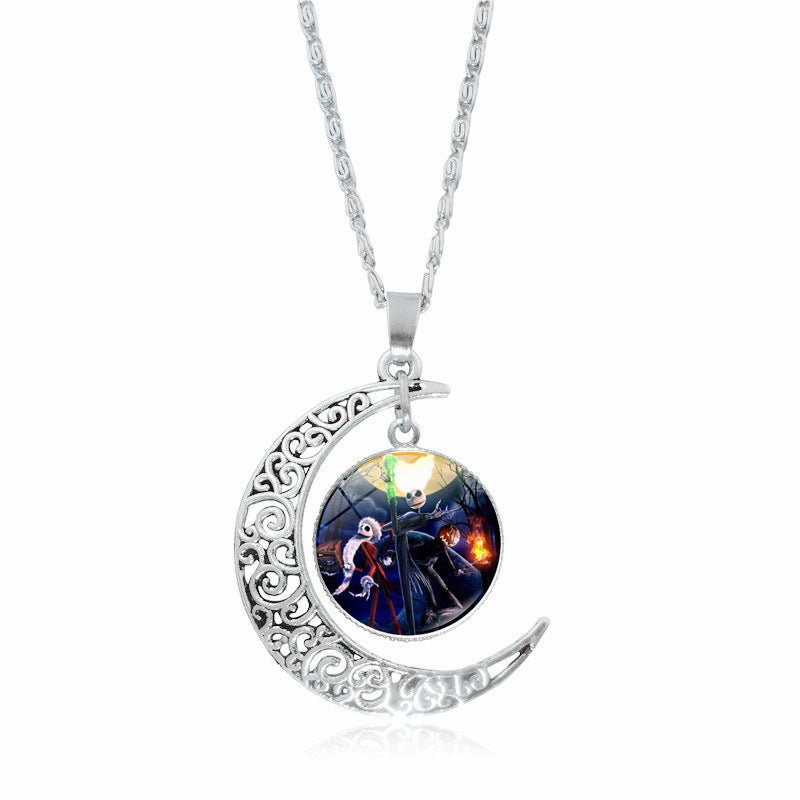 Christmas Night Time Gem Moon Pendant Necklace