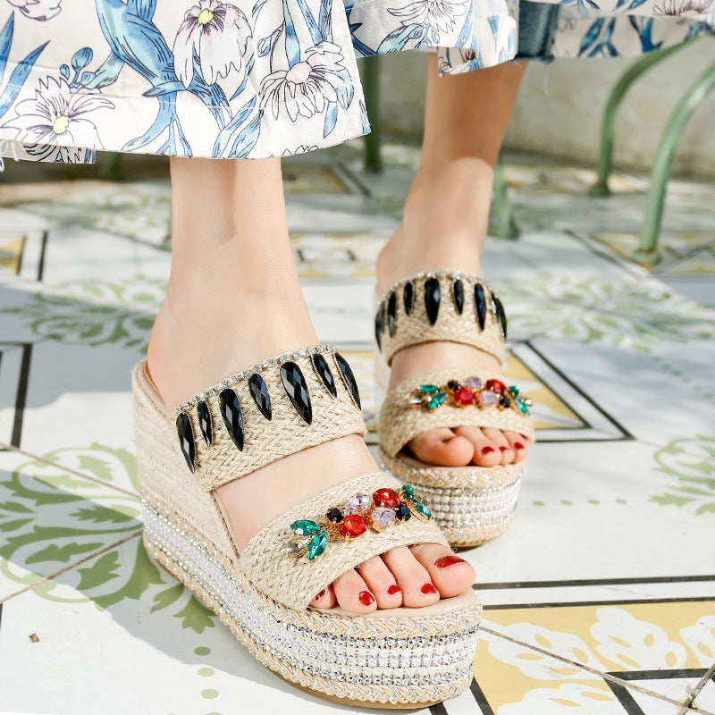 Platform Wedge Heel Diamond Sandals And Slippers