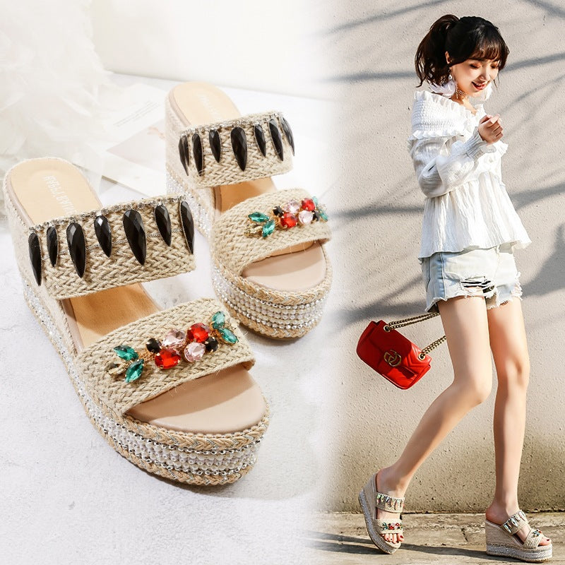 Platform Wedge Heel Diamond Sandals And Slippers