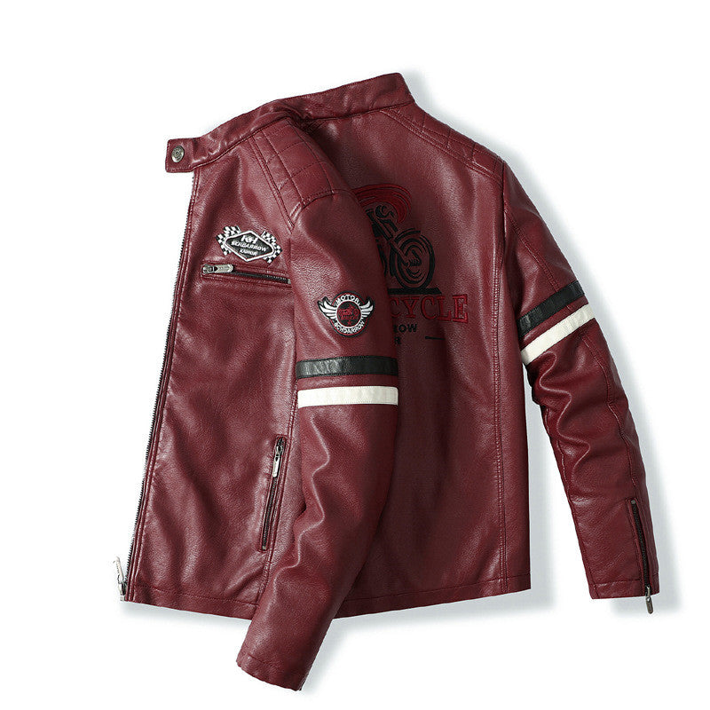 Leather Embroidered Colorblock Biker Jacket