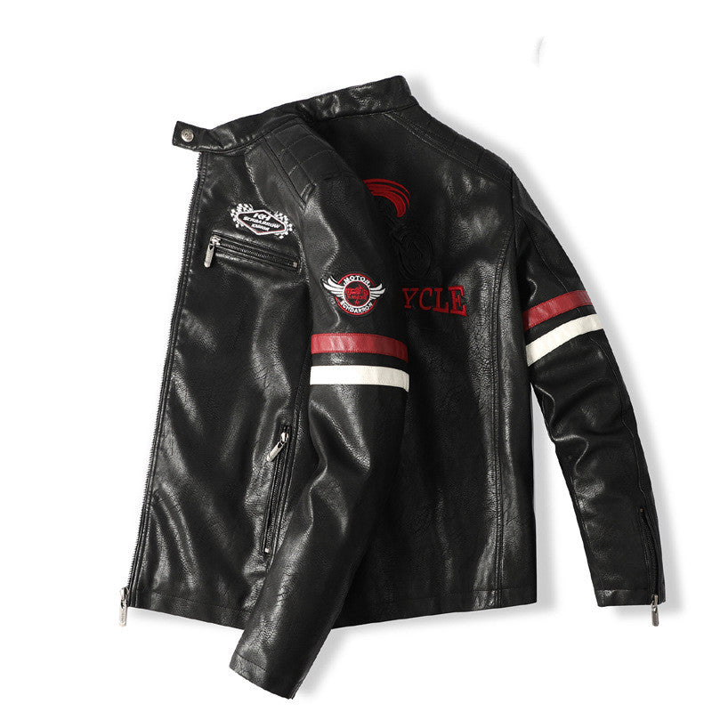 Leather Embroidered Colorblock Biker Jacket