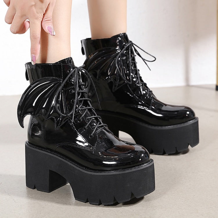 Goth Ankle Boots High Heels Patent Leather Womens Shoes on Platform