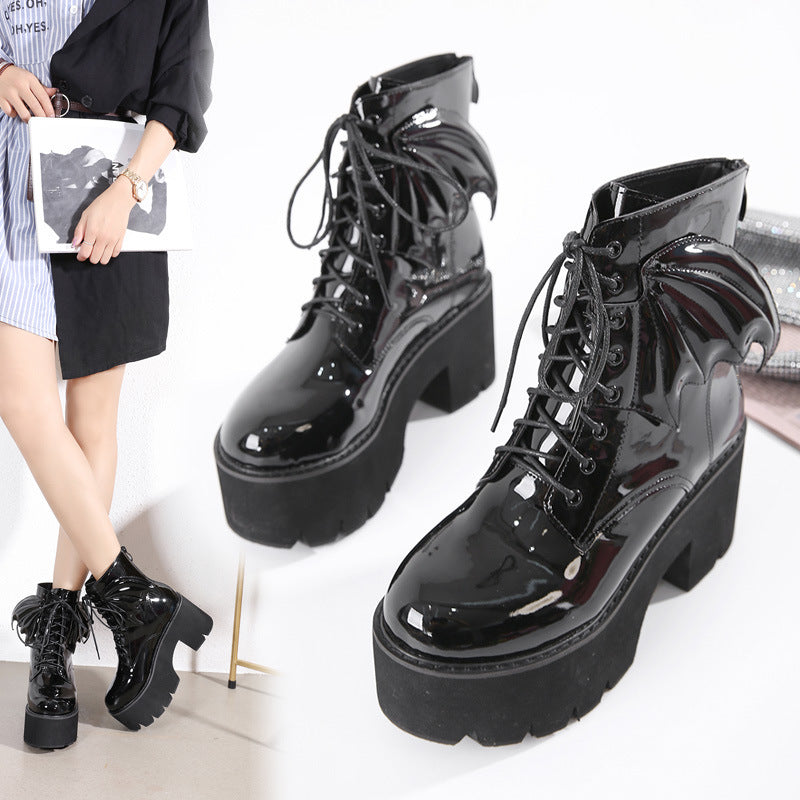 Goth Ankle Boots High Heels Patent Leather Womens Shoes on Platform