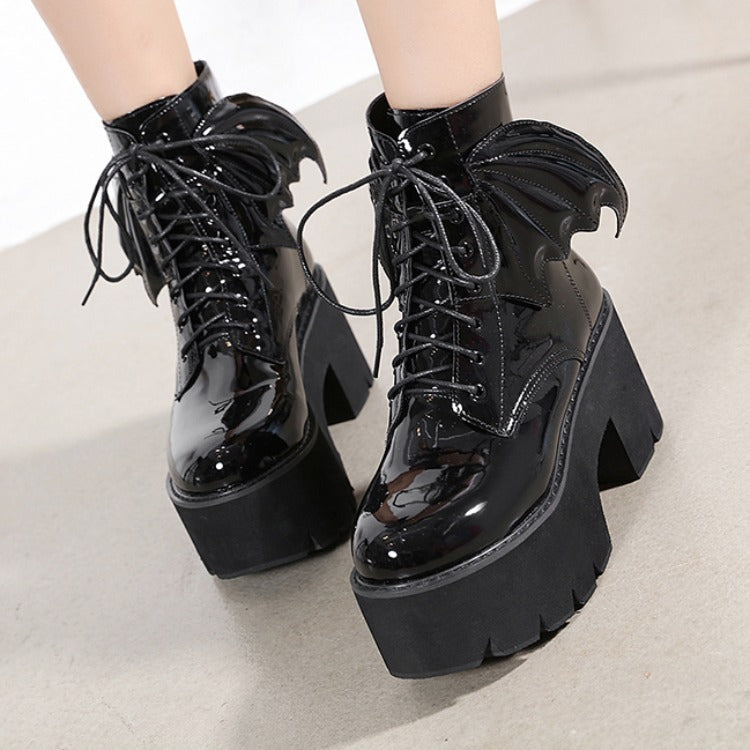 Goth Ankle Boots High Heels Patent Leather Womens Shoes on Platform