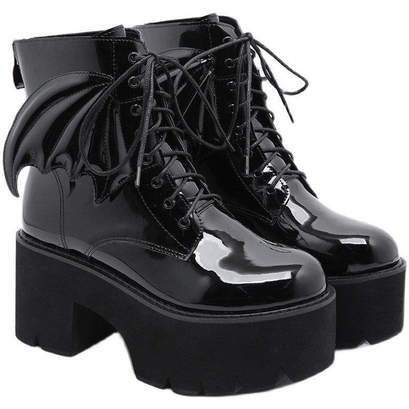 Goth Ankle Boots High Heels Patent Leather Womens Shoes on Platform