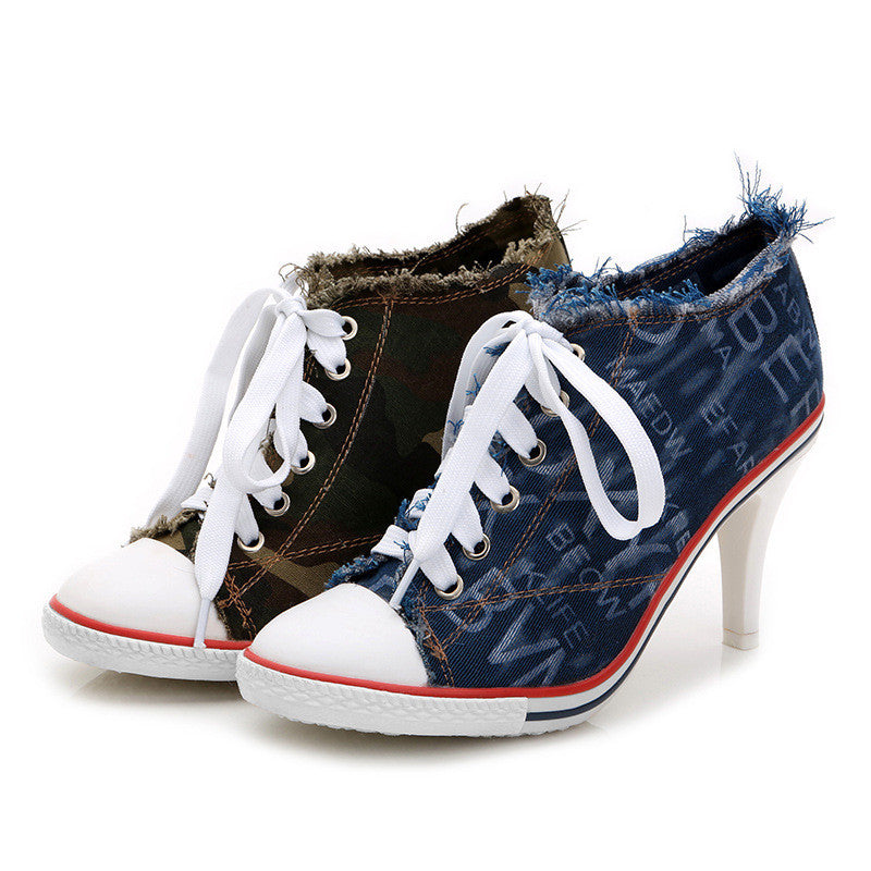 Spring And Autumn All-match Fashionable Camouflage Shoes Women Denim High Heels