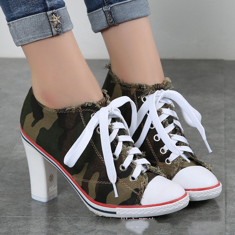 Spring And Autumn All-match Fashionable Camouflage Shoes Women Denim High Heels