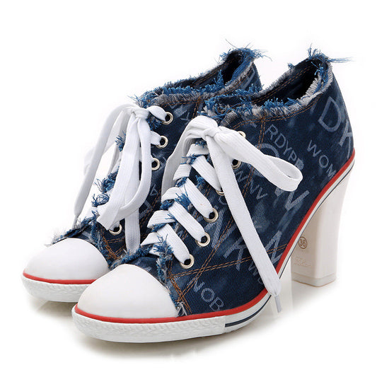 Spring And Autumn All-match Fashionable Camouflage Shoes Women Denim High Heels