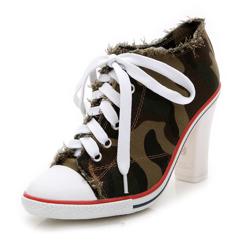 Spring And Autumn All-match Fashionable Camouflage Shoes Women Denim High Heels