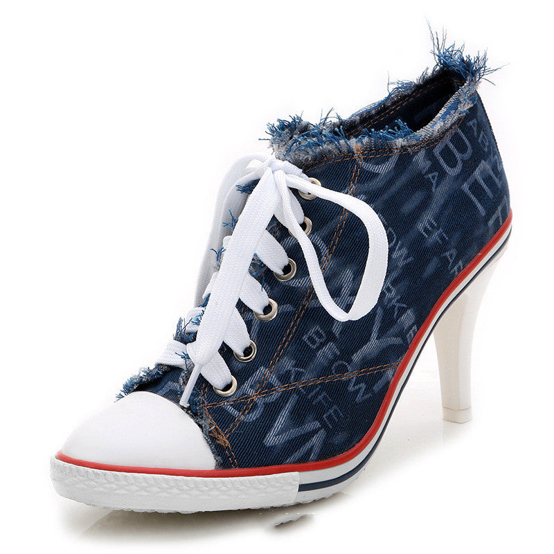 Spring And Autumn All-match Fashionable Camouflage Shoes Women Denim High Heels