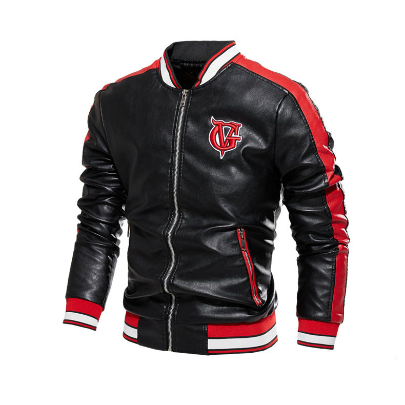 Leather Jacket Men's Stand-up Collar Color Block Faux Leather Jacket Zipper Embroidered Jacket