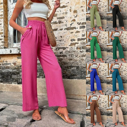 New Casual Pants With Pockets Elastic Drawstring High Waist Loose Trousers For Women