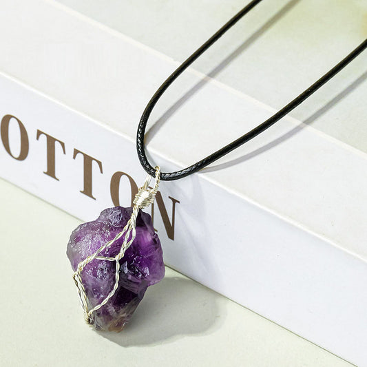 Amethyst raw stone wrapped silk pendant, handmade wrapped wire mesh bag necklace, sweater chain jewelry pendant