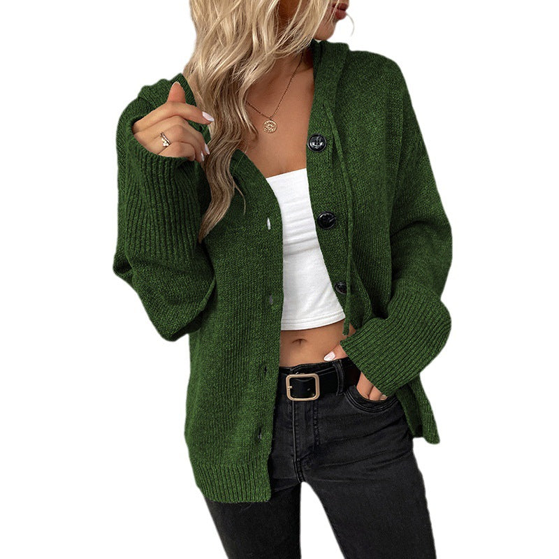 Drawstring Knitted Cardigan Coat Women's Hooded Single-breasted Sweater