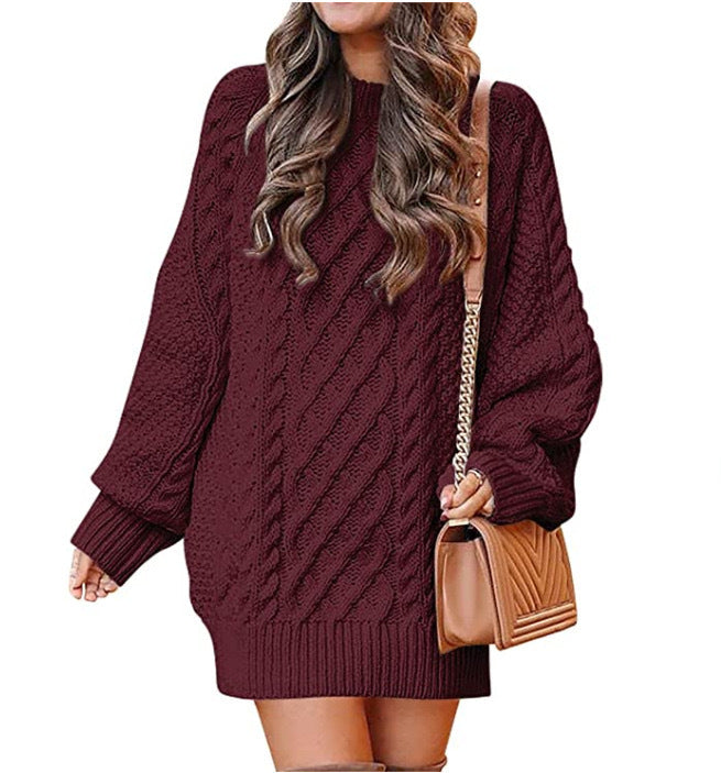 Women's Round Neck Long Sleeve Twisted Knitted Mid-length Dress Sweater