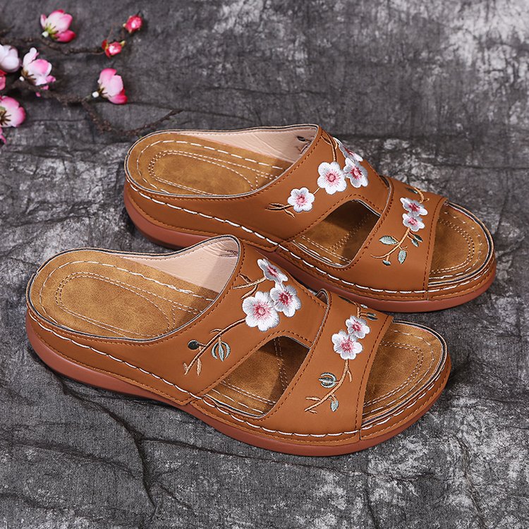 Wedge Platform Sandals Embroidered Floral Slippers