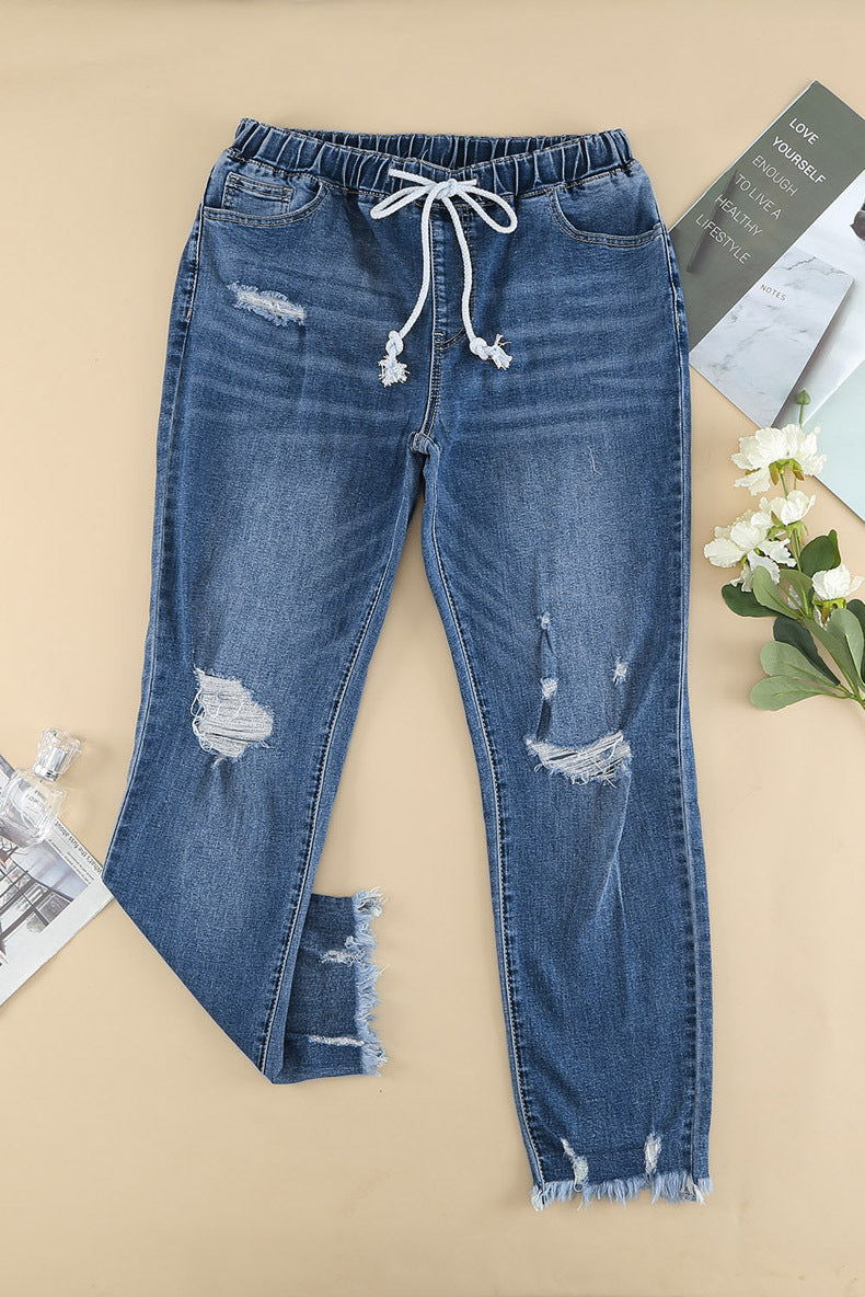 Casual Women's Elasticated Lace-up Slim-fit Jeans Trousers