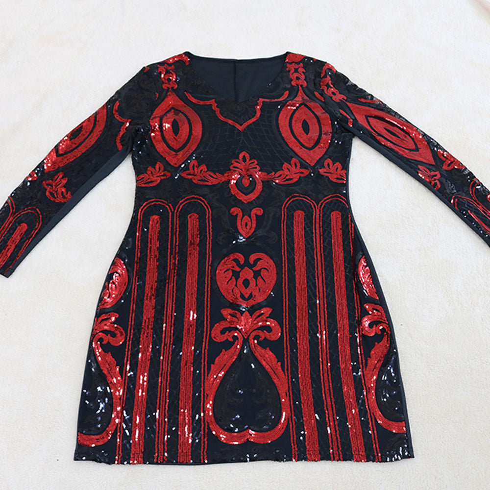 Large Size Red Sequin V-neck Dress Women's Clothing