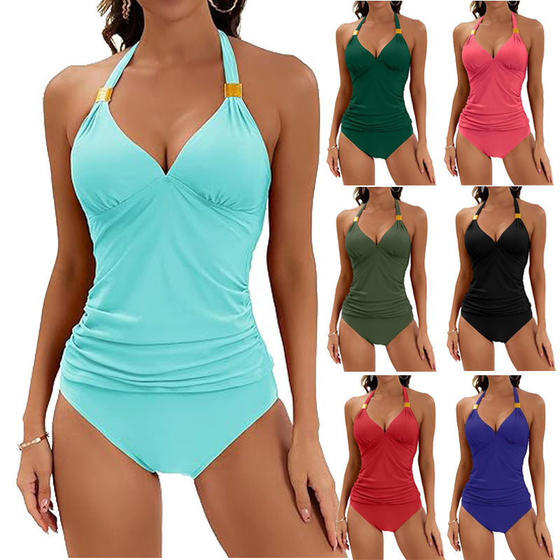 Women's Pure Color Halter Split Tie Two Piece Swimsuit