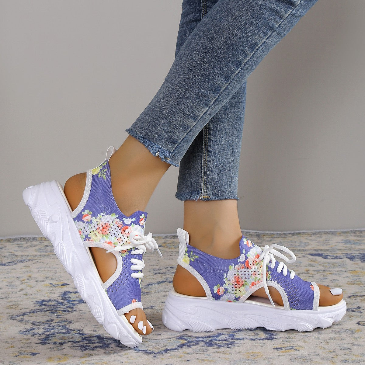 Print Lace-up Sports Sandals Summer Peep Toe Casual Mesh Shoes