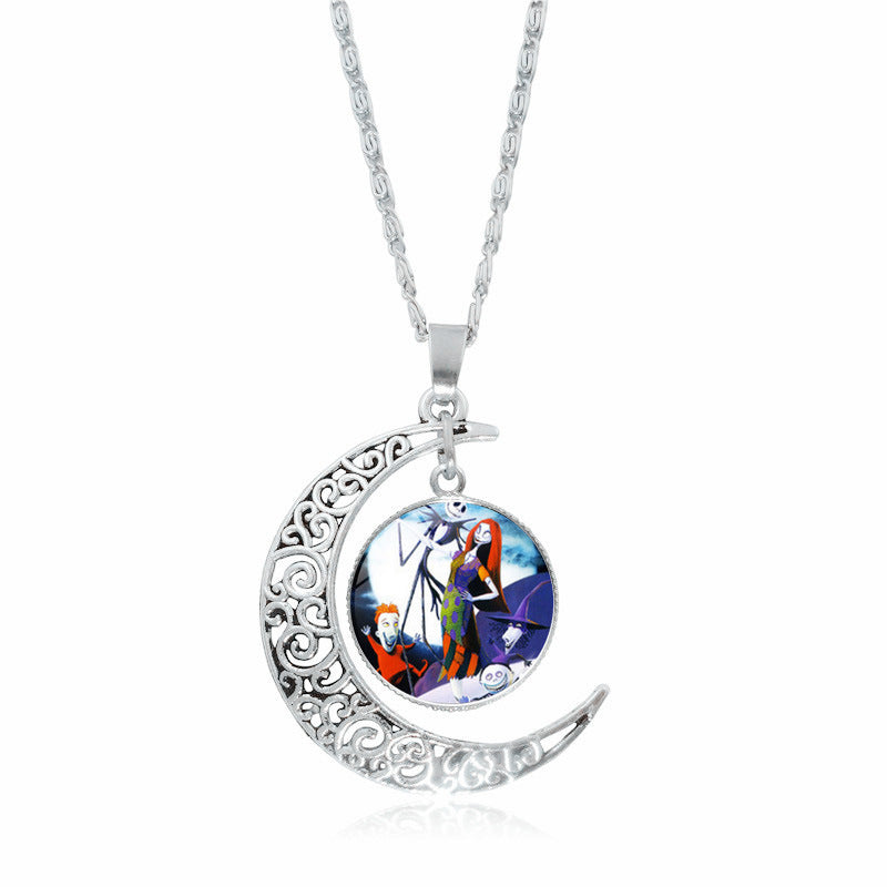 Christmas Night Time Gem Moon Pendant Necklace