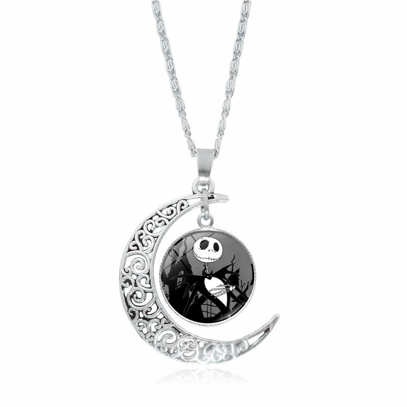 Christmas Night Time Gem Moon Pendant Necklace