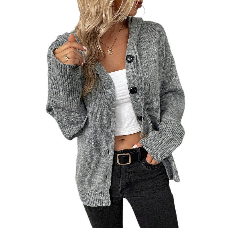 Drawstring Knitted Cardigan Coat Women's Hooded Single-breasted Sweater