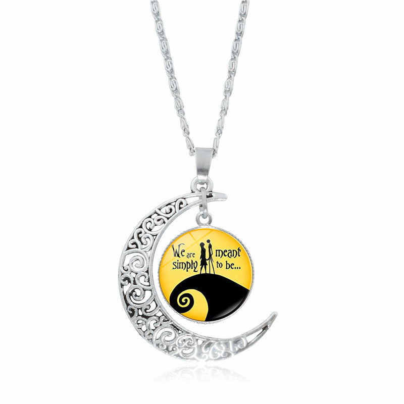 Christmas Night Time Gem Moon Pendant Necklace