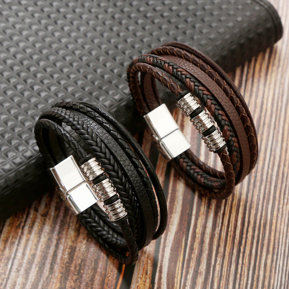 Stainless Steel Men's Leather Magnetic Buckle Woven Bracelet