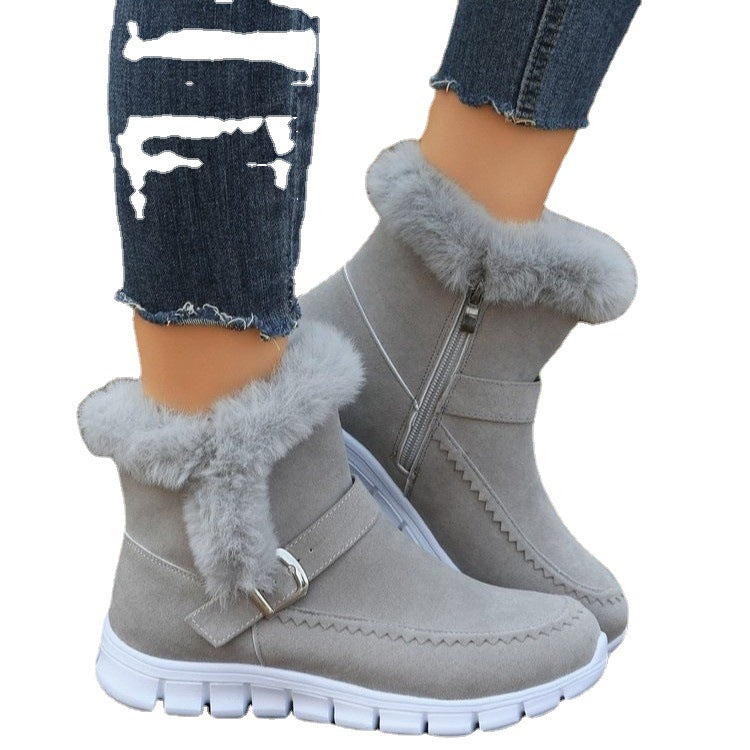 New Snow Boots Winter Warm Thickened Solid Color Plush Ankle Boots With Buckle Design Plus Velvet Flat Shoes For Women