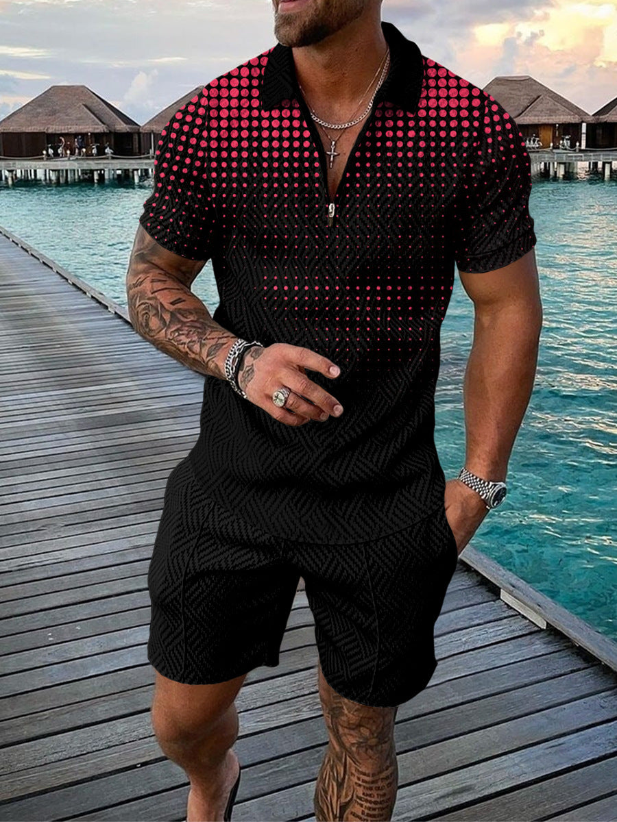 Men's Casual Color Contrast POLO Zip Lapel Shirt Short Sleeve Suit