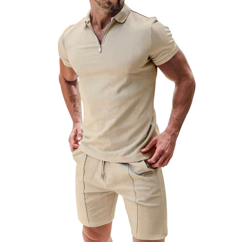 2Pcs Casual Waffle Suit Summer Zipper Lapel Short-sleeved Top And Drawstring Pockets Shorts Versatile Solid Color T-shirt Set For Mens Clothing