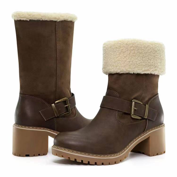 Fashion Boots With Buckle Chunky Heel Shoes Warm Winter Round Toe Western Boots For Women