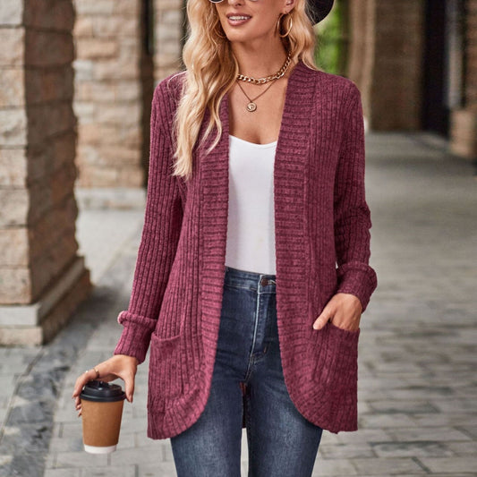 Autumn Solid Color Sunken Stripe Brushed Stitching Long Sleeve Cardigan Jacket