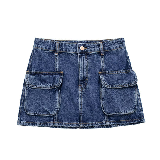 New Mini High Waist Denim Skirt Personalized Street Work Pocket Half Skirt