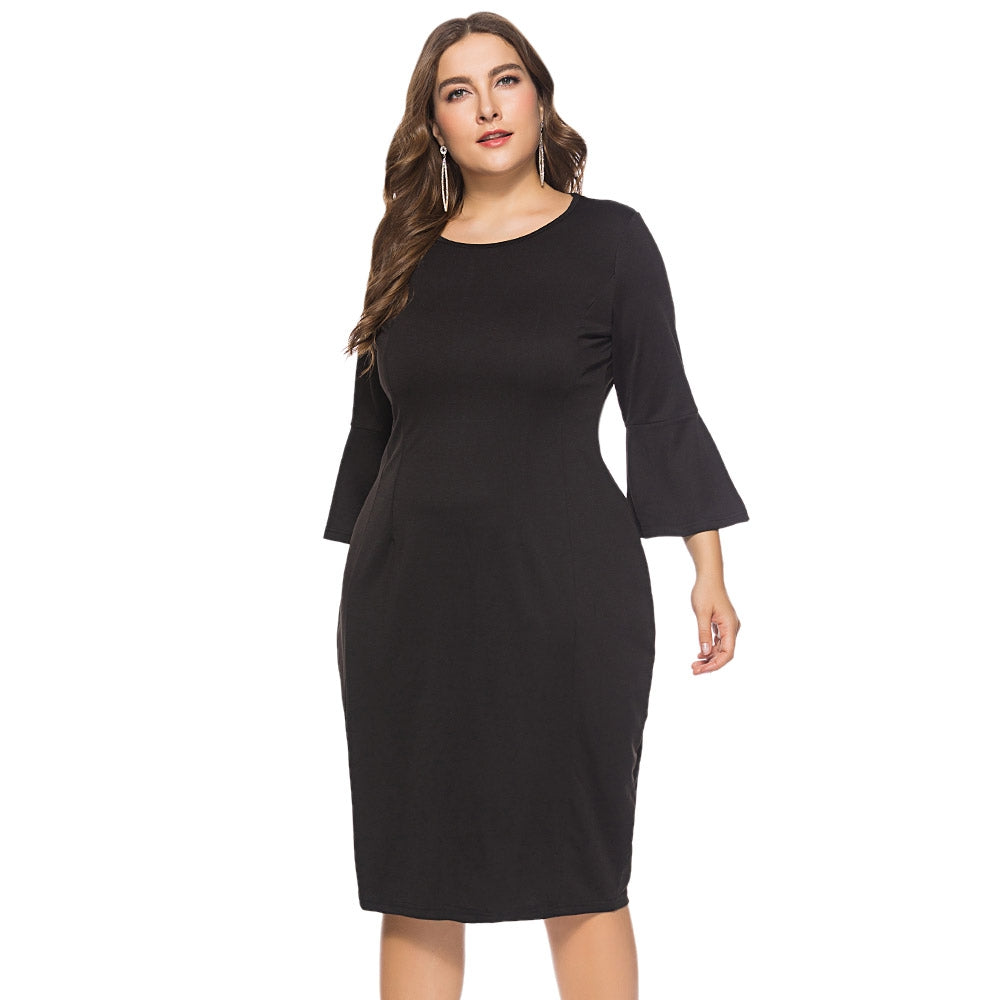 Round Collar 3/4 Bell Sleeve Bodycon Solid Color Plus Size Women Dress