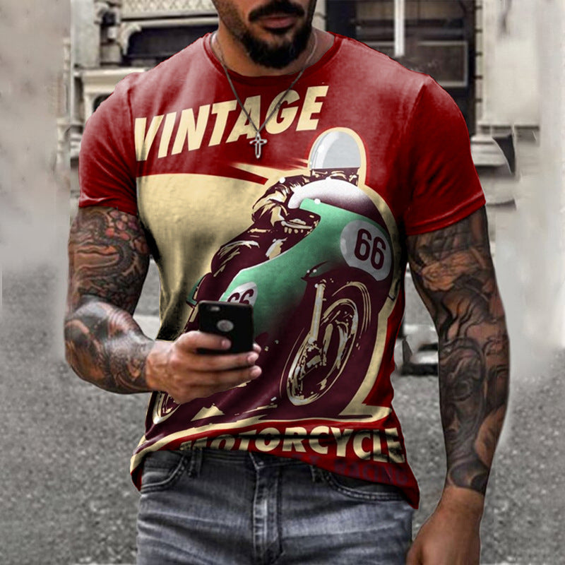 Summer Short Sleeve T-Shirt Casual 3D Motorcycle Printing Loose Pullover Men's Shirt