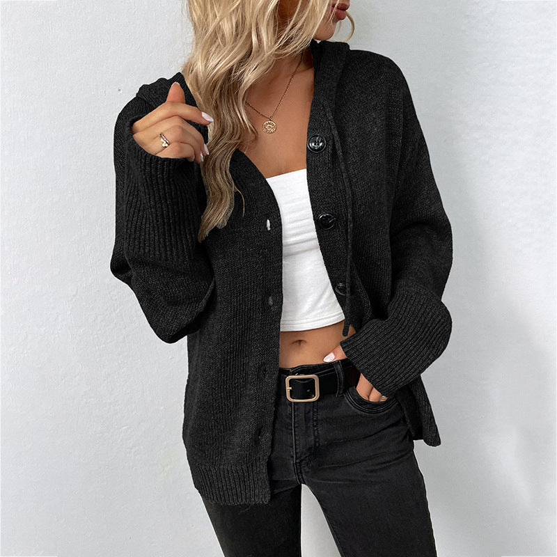 Drawstring Knitted Cardigan Coat Women's Hooded Single-breasted Sweater