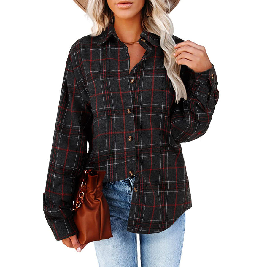 Women's New Casual Loose Boyfriend Plaid Shirt